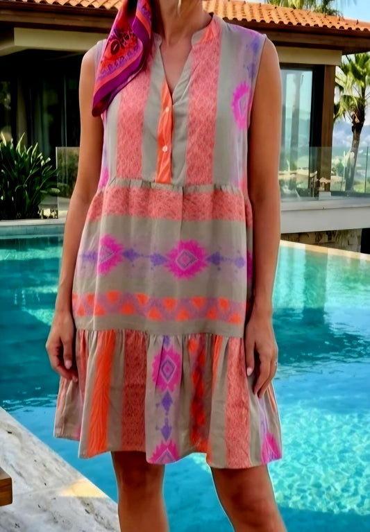 Geometric & Mixed Print Sleeveless Pure Cotton Tiered Tunic Dress|Made in India