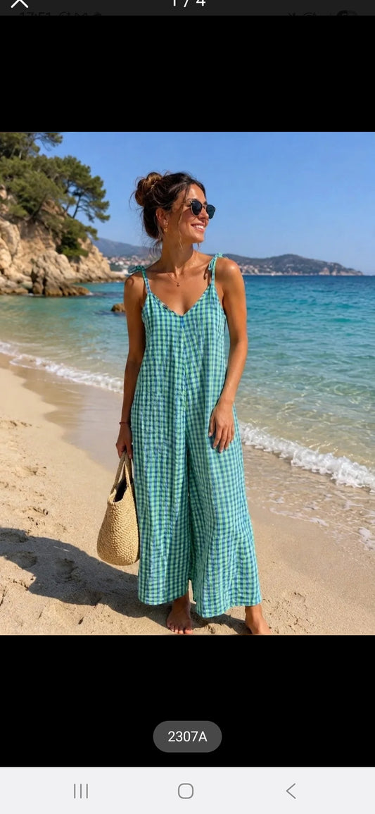 Italian Seersucker Wide- Leg Jumpsuit in Blue and Green