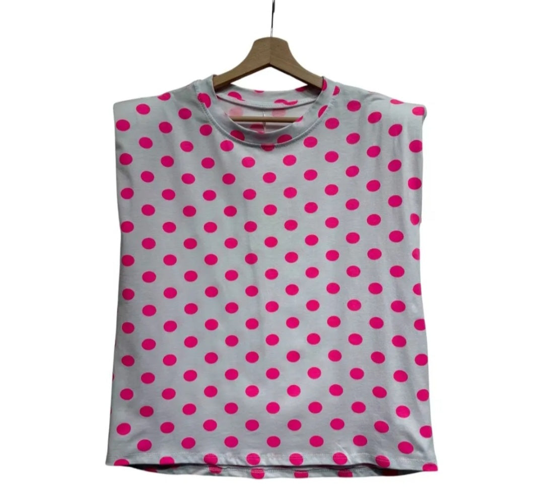 Pink Polka Dot Shoulder Pad Top