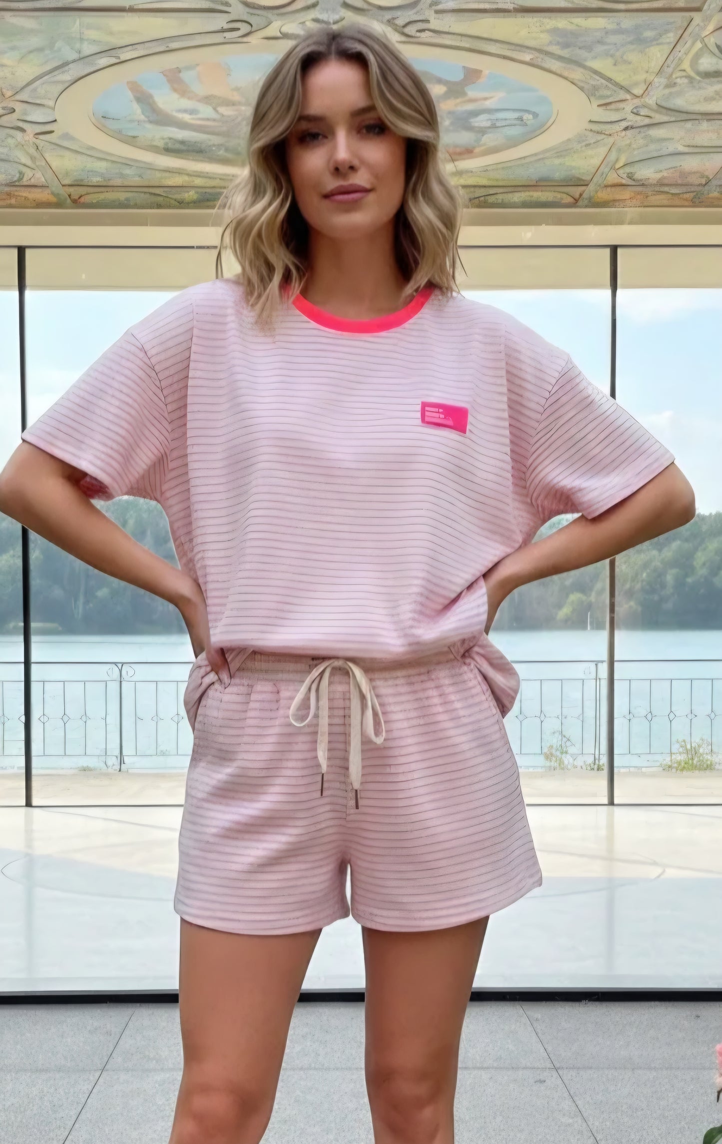 Neon Pink Accent Textured knit Tee and Shorts Set