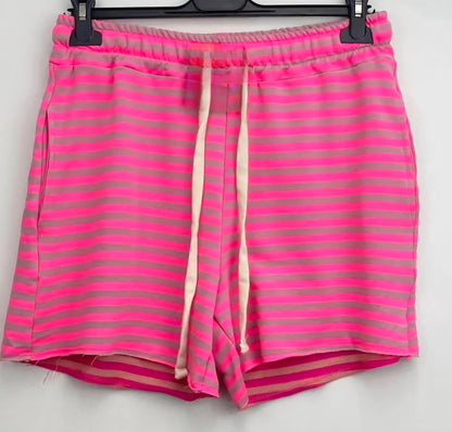 Neon Pink Striped Drawstring Caual Shorts