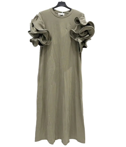 Khaki Green Multi-Layer Ruffle Sleeve column Midi Dress