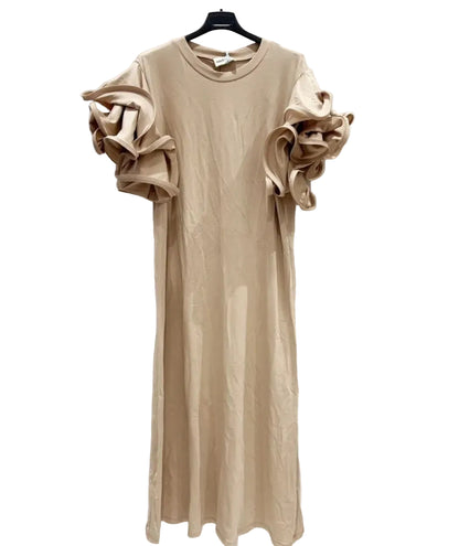 Oatmeal Beige Multi Layer Ruffle Sleeve Column Midi Dress