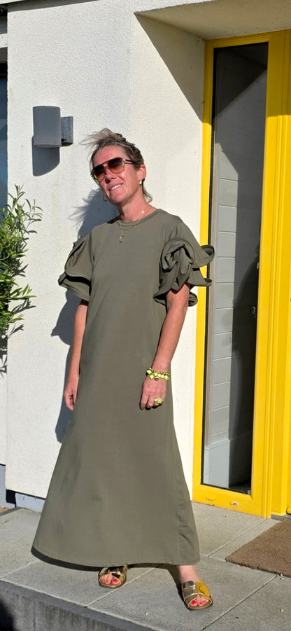 Khaki Green Multi-Layer Ruffle Sleeve column Midi Dress