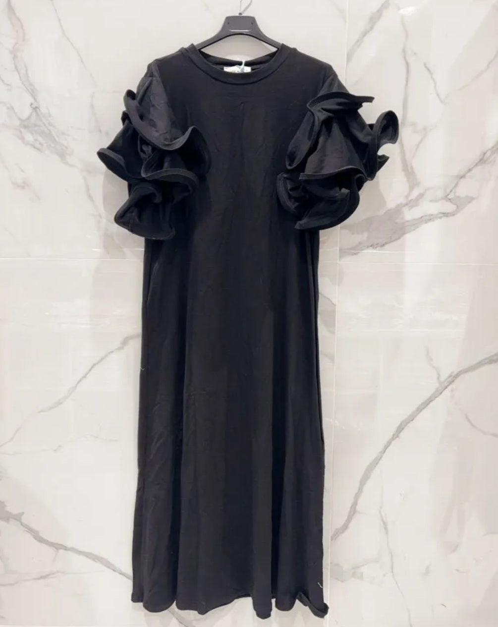Black Multilayer Ruffle Sleeve Column Midi Dress