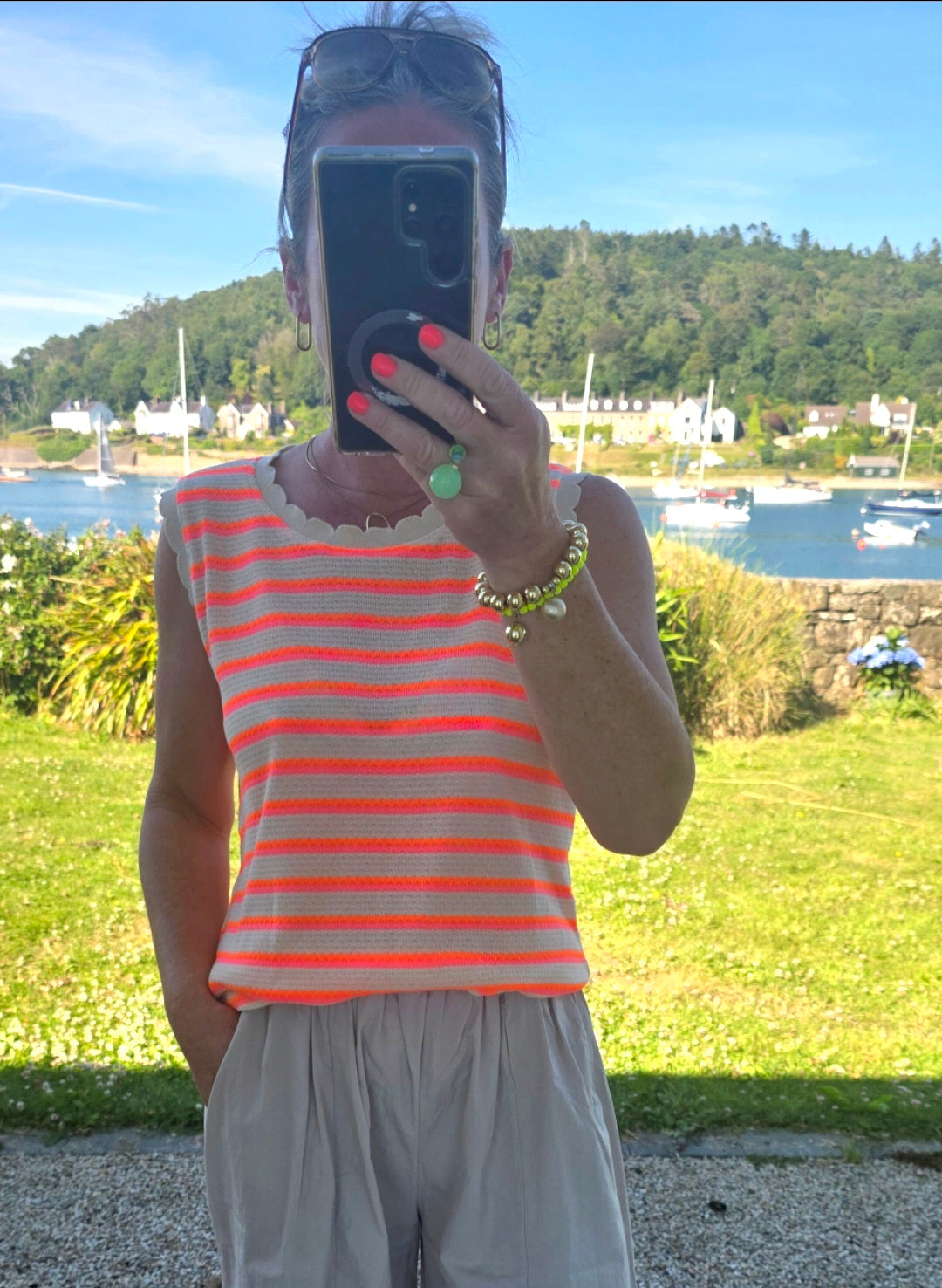 Neon Coral and Pink Striped Sleeveless Knit Top with Scalloped Trim