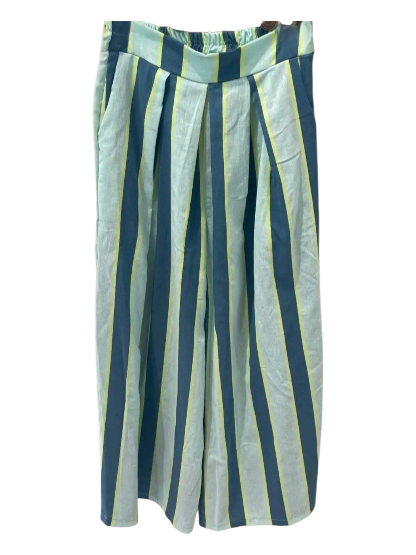 Pure Cotton Striped Wide Leg Trousers in Mint and Teal
