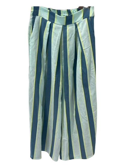 Pure Cotton Striped Wide Leg Trousers in Mint and Teal