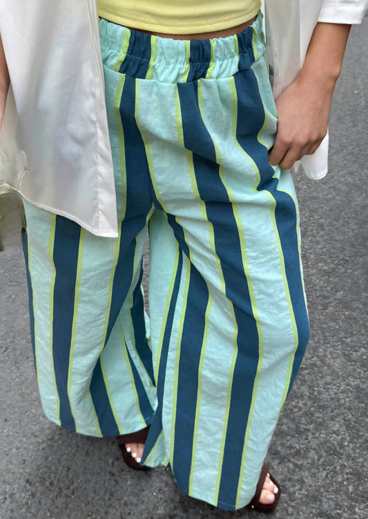 Pure Cotton Striped Wide Leg Trousers in Mint and Teal