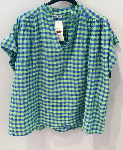 Seersucker V Neck Blouse in Blue and Green