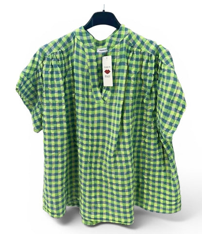 Lime Green Seersucker Popover Blouse with Split Neck