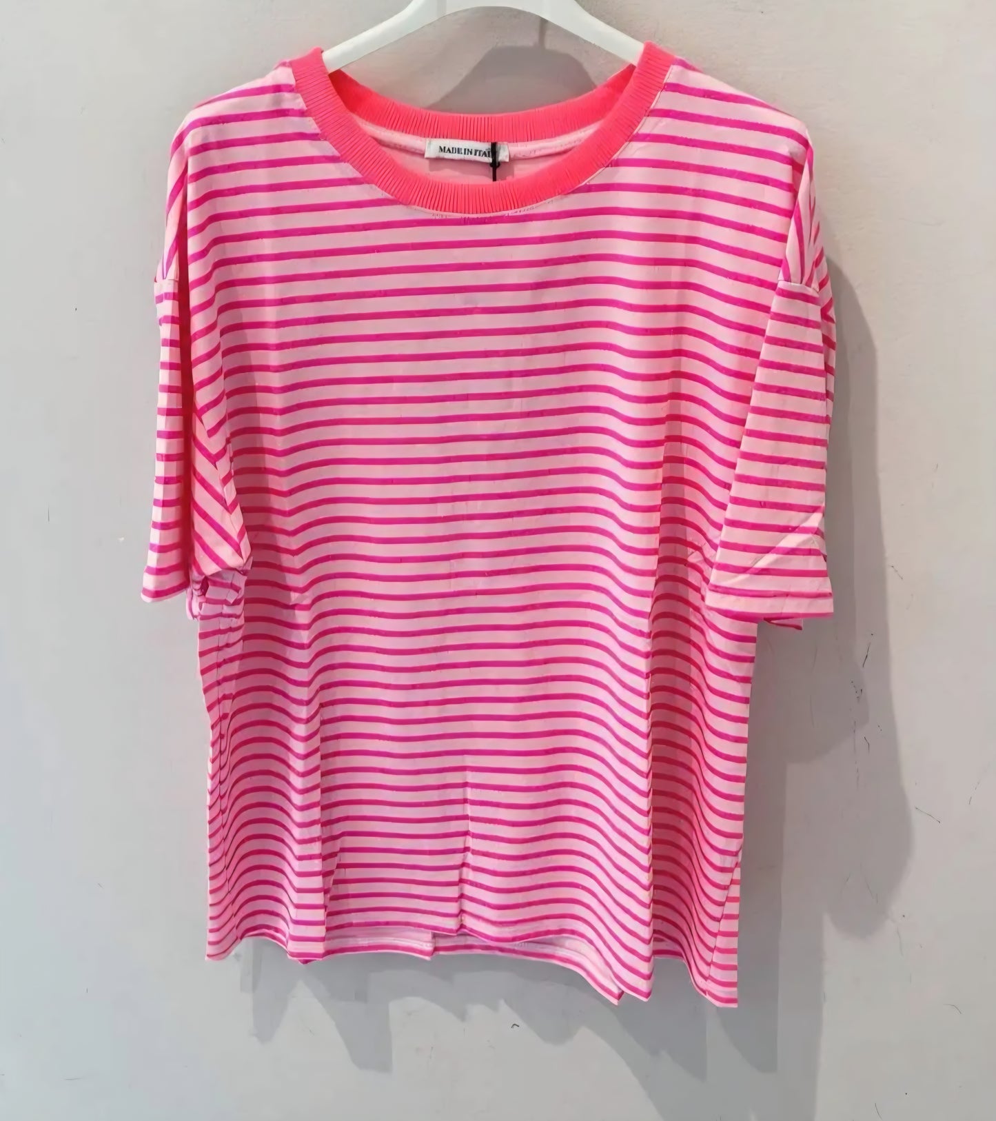 Pure Cotton Relaxed Striped T Shirt. Vibrant pink with Neon Trim