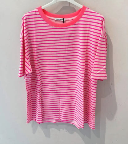 Pure Cotton Relaxed Striped T Shirt. Vibrant pink with Neon Trim