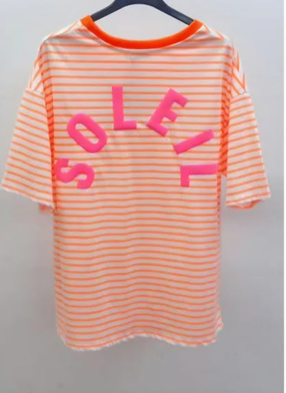 Light Pink and Neon Orange Soleil Striped Graphic Tee.