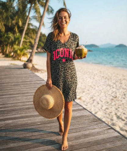 The "Iconic" Animal Print V-Neck T-Shirt Dress- Khaki & Neon Pink