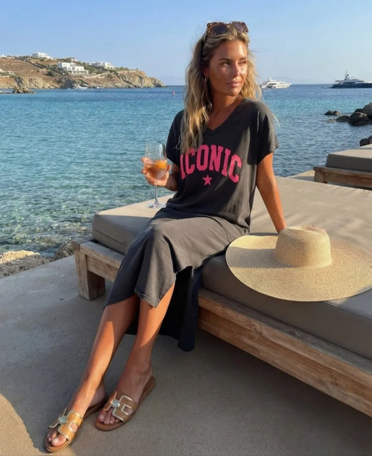 The "Iconic" Neon Graphic V- Neck Maxi Dress- Stone washed black