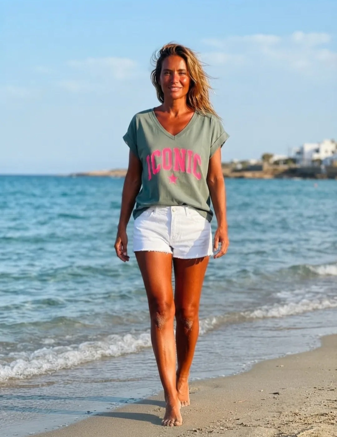 The "Iconic" V-Neck Graphic T Shirt- Khaki & Neon Pink