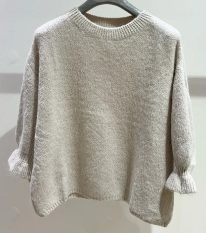 Oatmeal Kid Mohair & Wool Blend Knit with Flared Cuffs