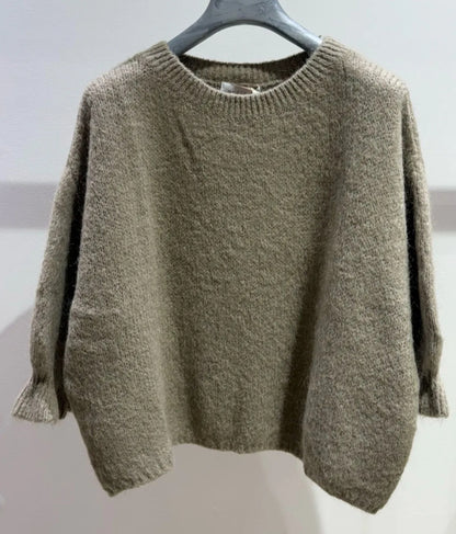 Taupe Kid Mohair & Wool Blend Sweater with Flared Cuff