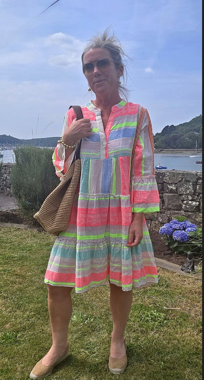 Neon Stripe Tiered Midi Dress with floaty sleeves