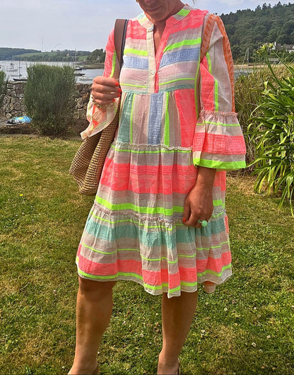 Neon Stripe Tiered Midi Dress with floaty sleeves