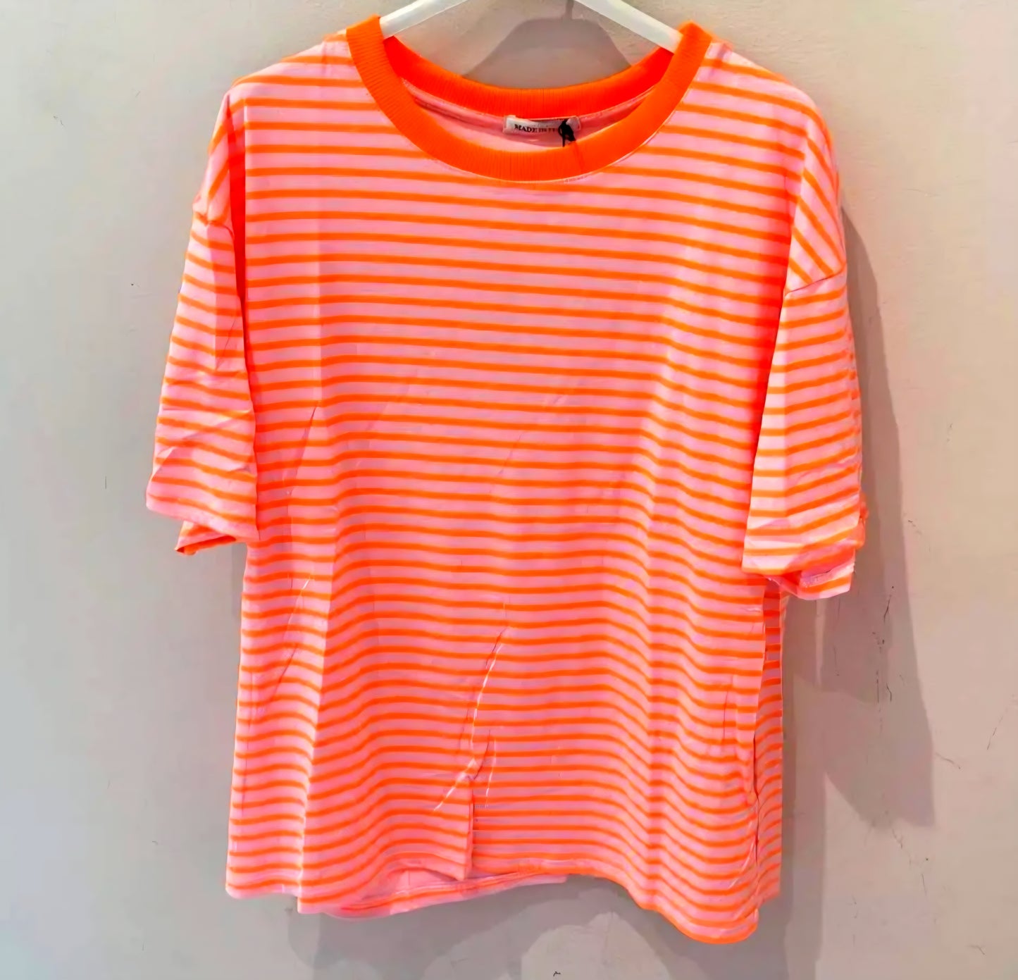 Neon Stripe Relaxed Cotton Tee- Pink and Neon Orange