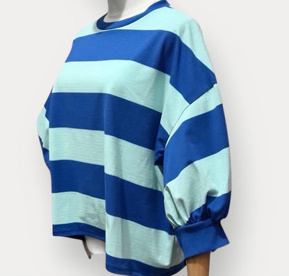 Oversized Drop Shoulder Block Stripe Top in Cobalt and Mint
