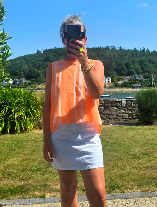 Neon Orange Striped Keyhole Sleeveless Blouse