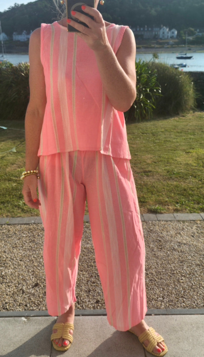 Neon Pink Striped Wide Leg Cotton Blend Pants