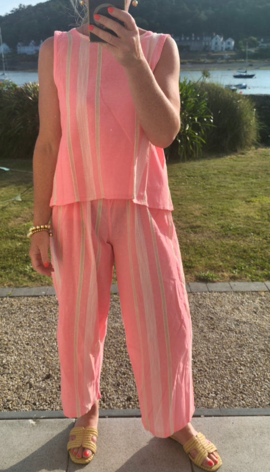 Neon Pink Striped Wide Leg Cotton Blend Pants