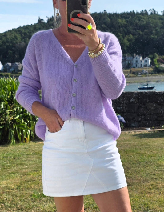 Lilac Mohair Mix Cardigan. V Neck