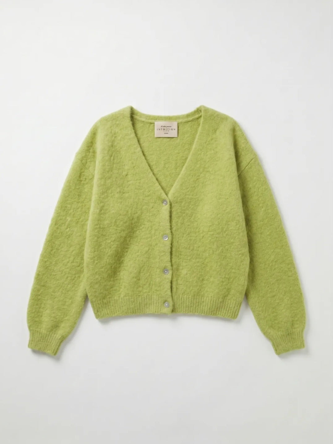 Italian Angora Blend Fluffy Knit V Neck Cardigan| Soft Olive Green.