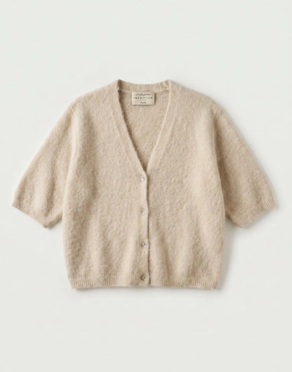 Italian Angora Blend Fluffy Short Sleeve V Neck Cardigan