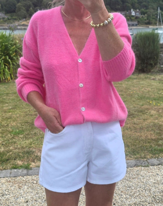 Italian Angora Blend V Neck Fluffy Knit Cardigan in Bubblegum Pink