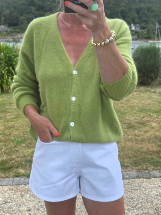 Italian Angora Blend Fluffy Knit V Neck Cardigan| Soft Olive Green.