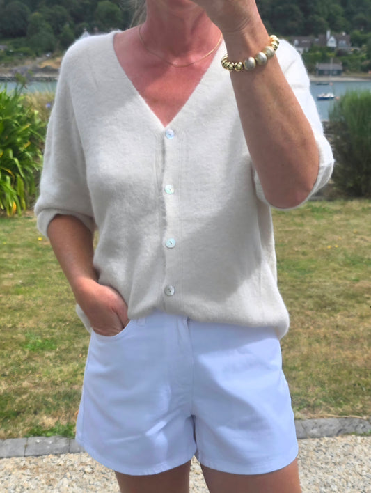 Italian Angora Blend Fluffy Short Sleeve V Neck Cardigan