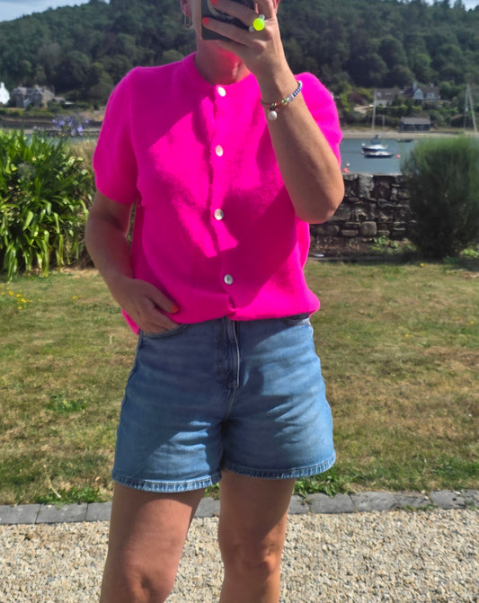 Neon Pink Alpaca Mix Short Sleeve Cardigan