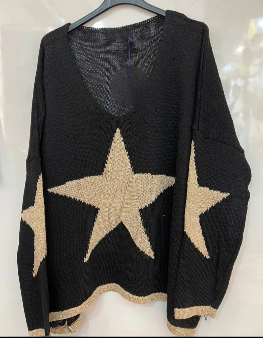 Italian Oversized Star Motif Lurex Knit Jumper with Dipped Hem.