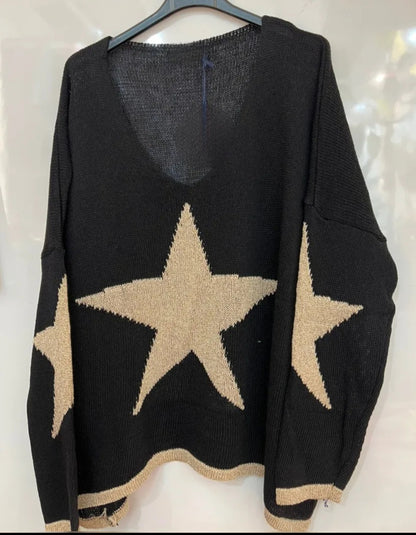 Italian Oversized Star Motif Lurex Knit Jumper with Dipped Hem.