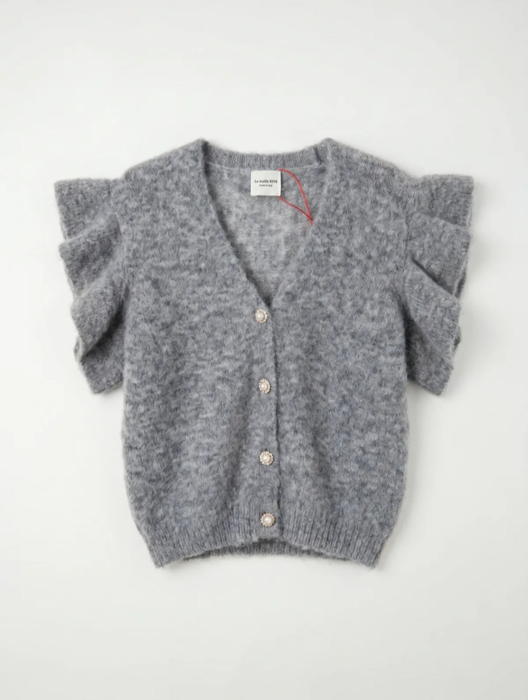 Ruffled Short-Sleeve Knit Cardigan in Heather Grey