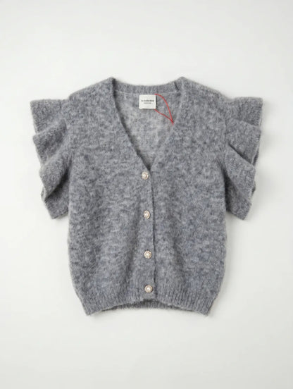 Ruffled Short-Sleeve Knit Cardigan in Heather Grey