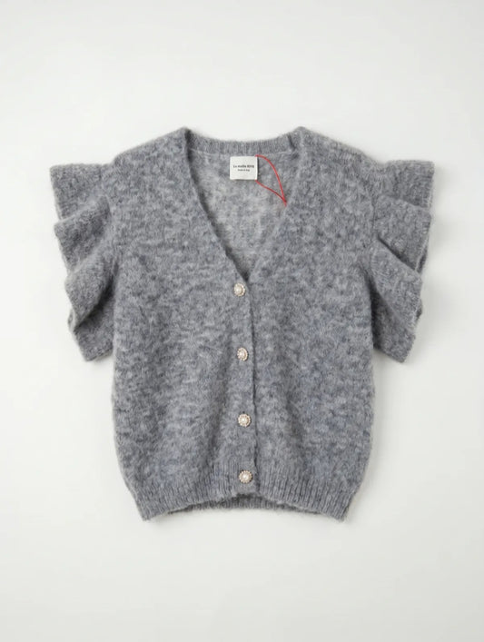 Ruffled Short-Sleeve Knit Cardigan in Heather Grey