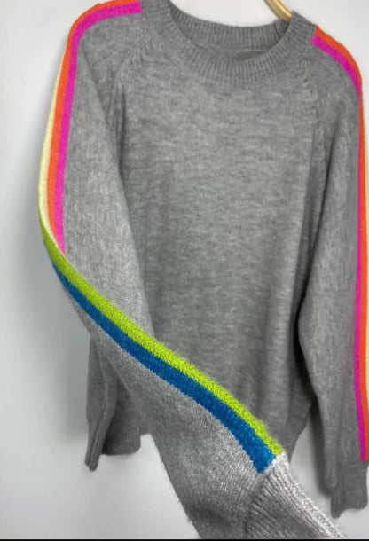 Grey Rainbow Side-Stripe Fine Knit Jumper