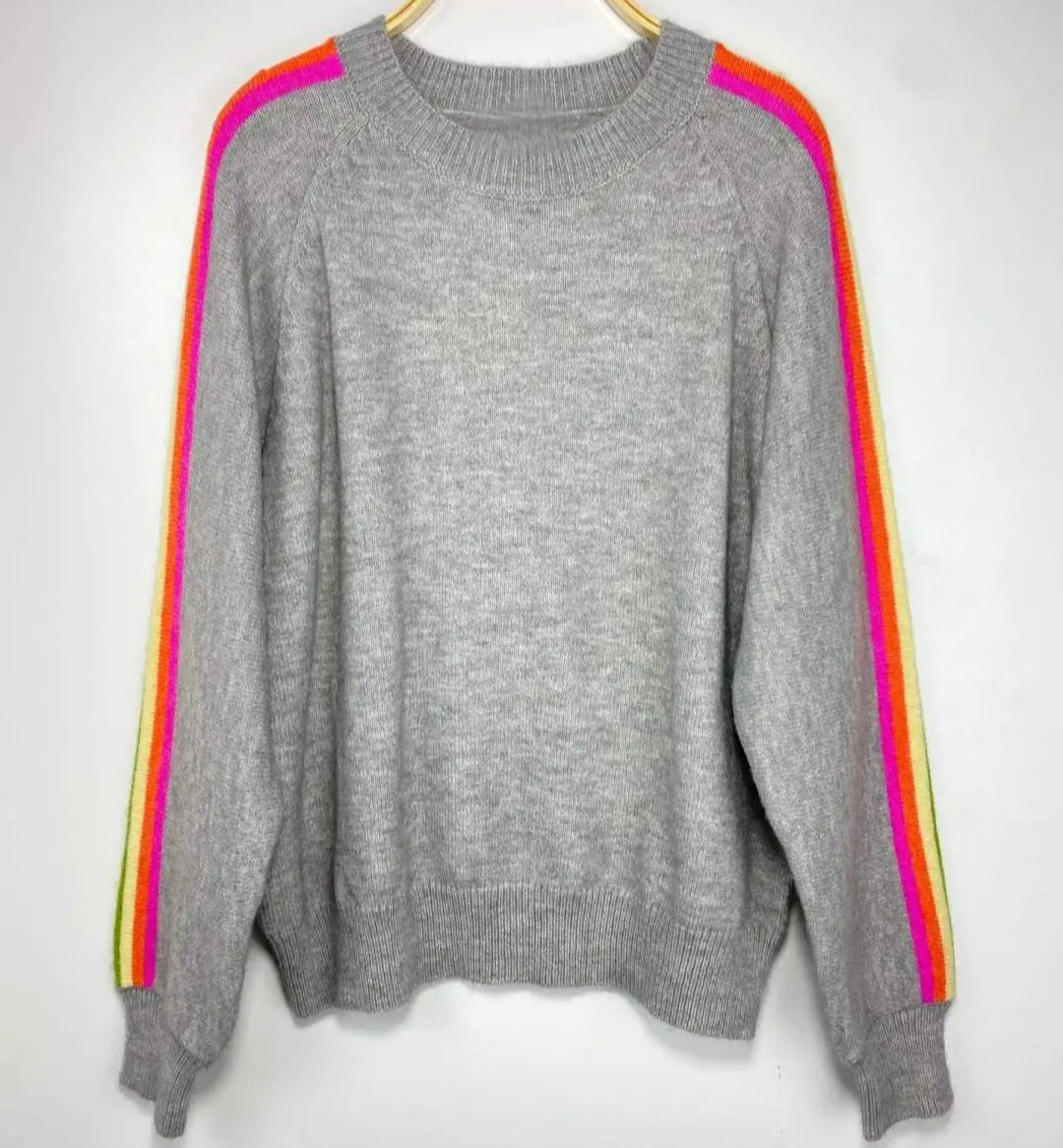 Grey Rainbow Side-Stripe Fine Knit Jumper