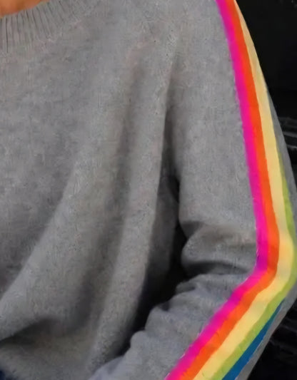 Grey Rainbow Side-Stripe Fine Knit Jumper