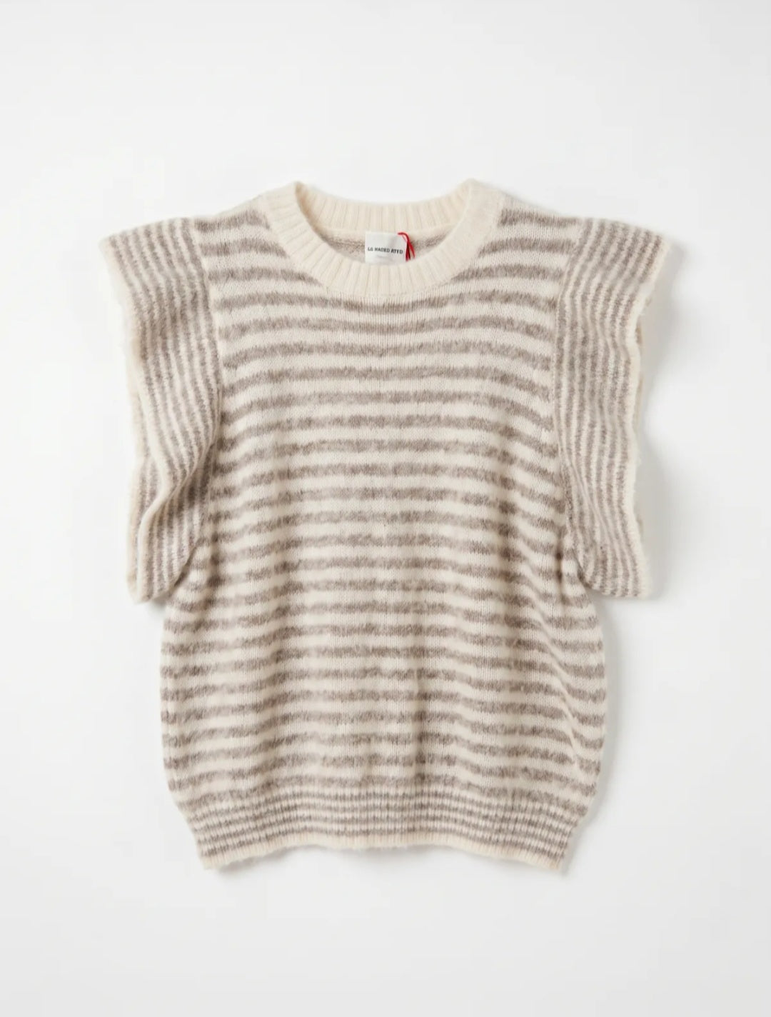 Striped Ruffle- Sleeve Knit Sweater in Oatmeal and Beige