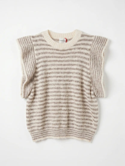 Striped Ruffle- Sleeve Knit Sweater in Oatmeal and Beige