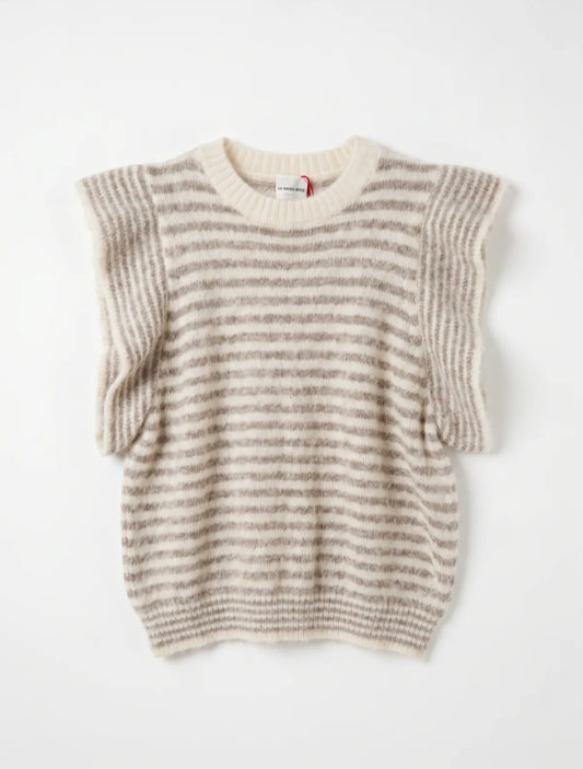 Striped Ruffle- Sleeve Knit Sweater in Oatmeal and Beige