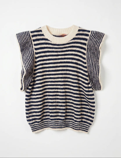 Striped Ruffle- Sleeve Knit Sweater in Navy and Oatmeal Stripe