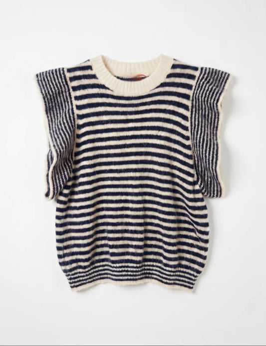 Striped Ruffle- Sleeve Knit Sweater in Navy and Oatmeal Stripe